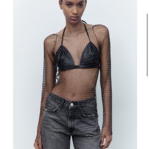 Zara Sheer Black Rhinestone Shirt Size M